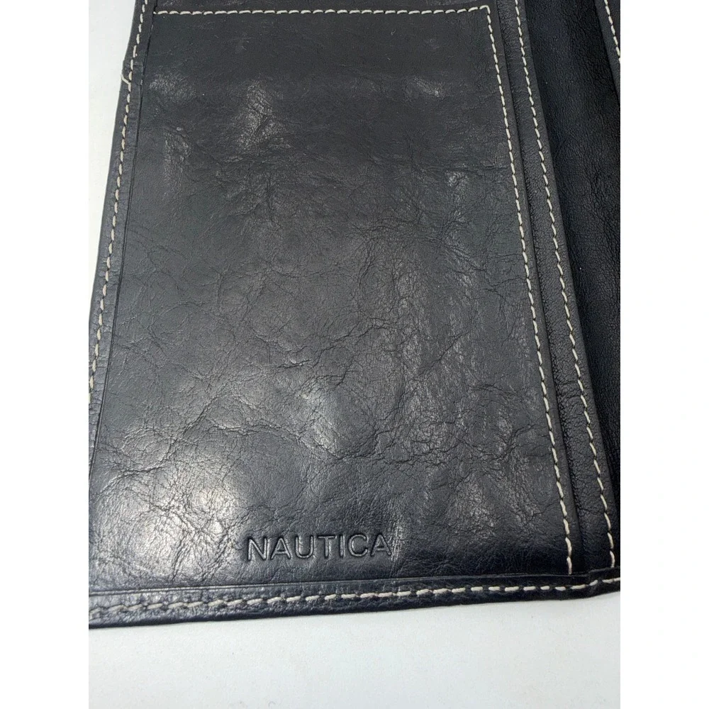 Nautica Mens Black Leather Trifold Checkbook Wallet with Contrast Stitching